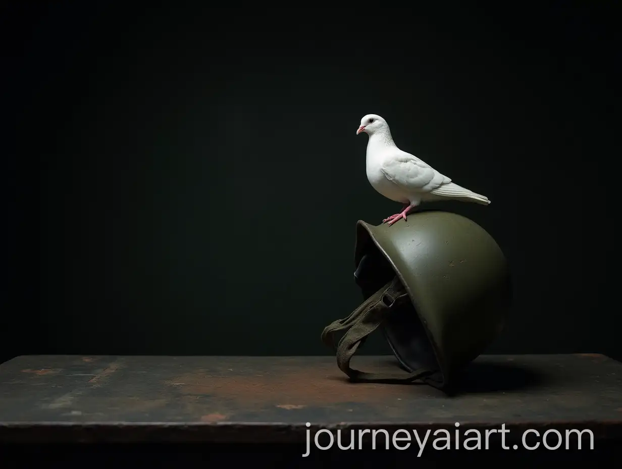 Military-Combat-Helmet-with-White-Dove-on-Dark-Table