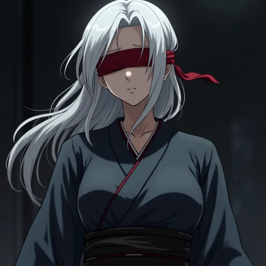 Create an anime character in Jujutsu kaisen anime style: A beautiful white haired woman wearing a red blindfold, a dark grey kimono, and a black, silken belt around her waist. The atmosphere is dark and somewhat mysterious.