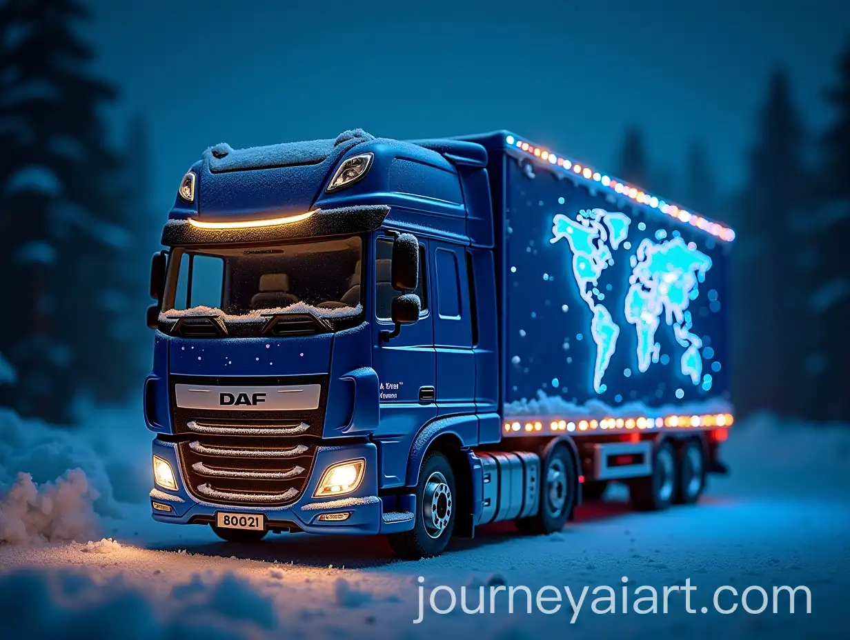 Christmas-Tree-on-Blue-DAF-Cargo-Truck-with-Snowflakes-and-Lights-at-Night