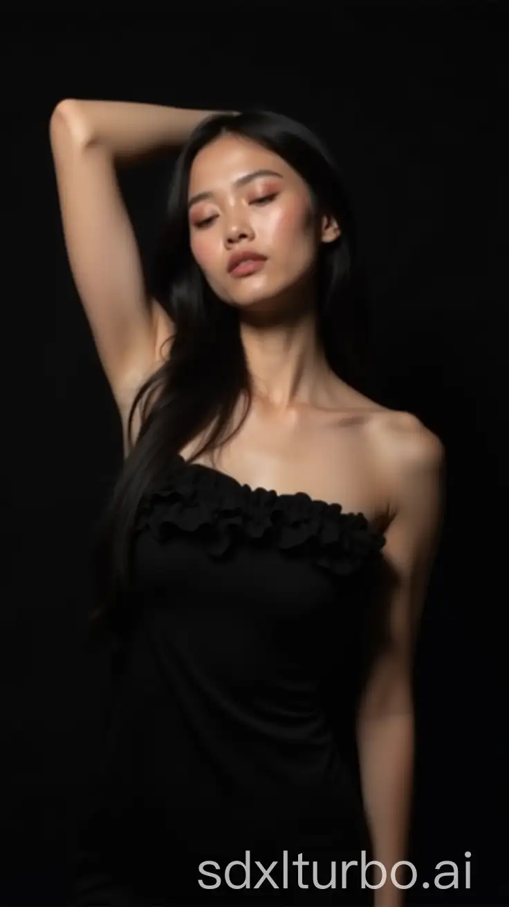 Asian-Woman-in-Black-Strapless-Dress-Against-Stark-Black-Background