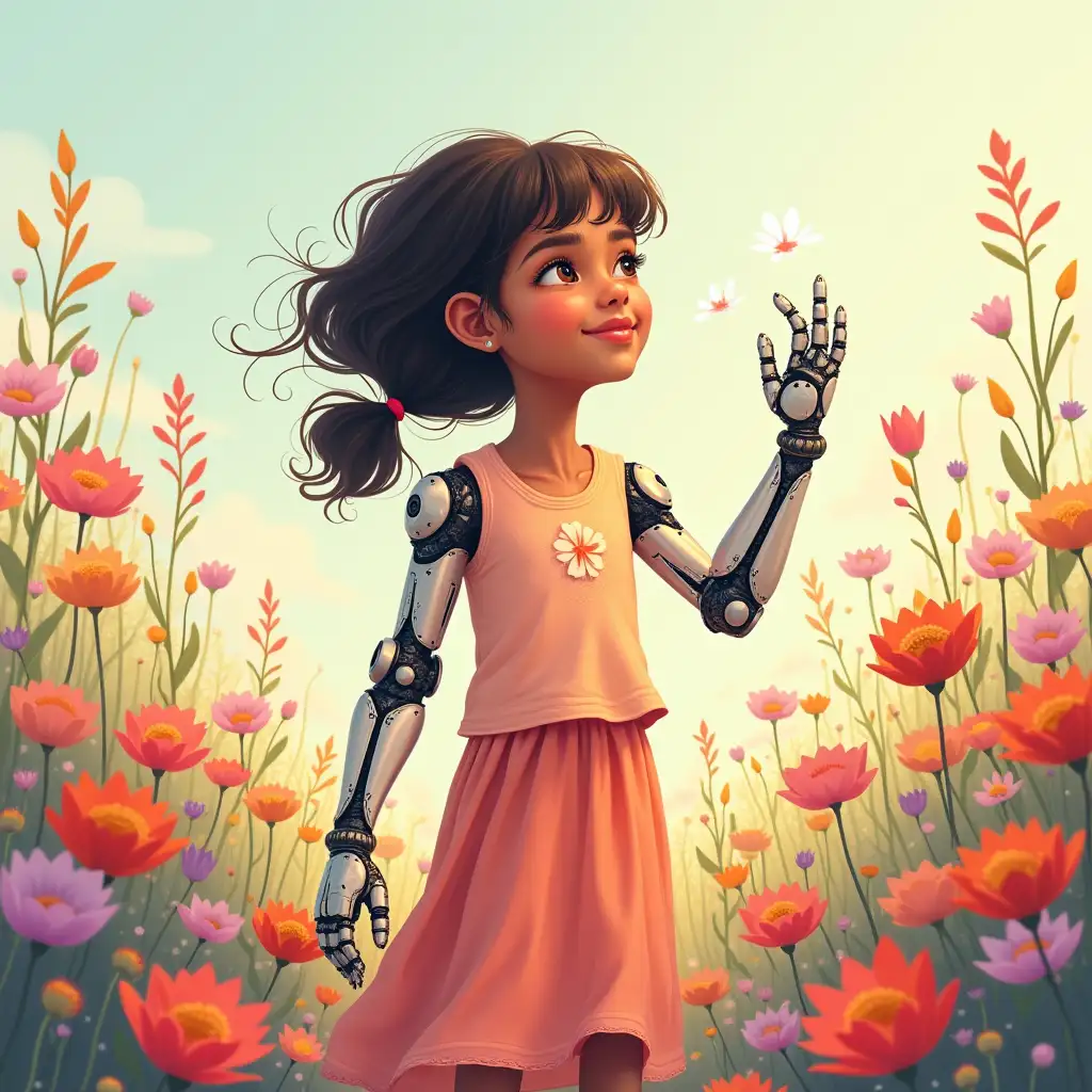 14YearOld-Girl-with-Artistic-Robotic-Hands-Surrounded-by-Vibrant-Flowers