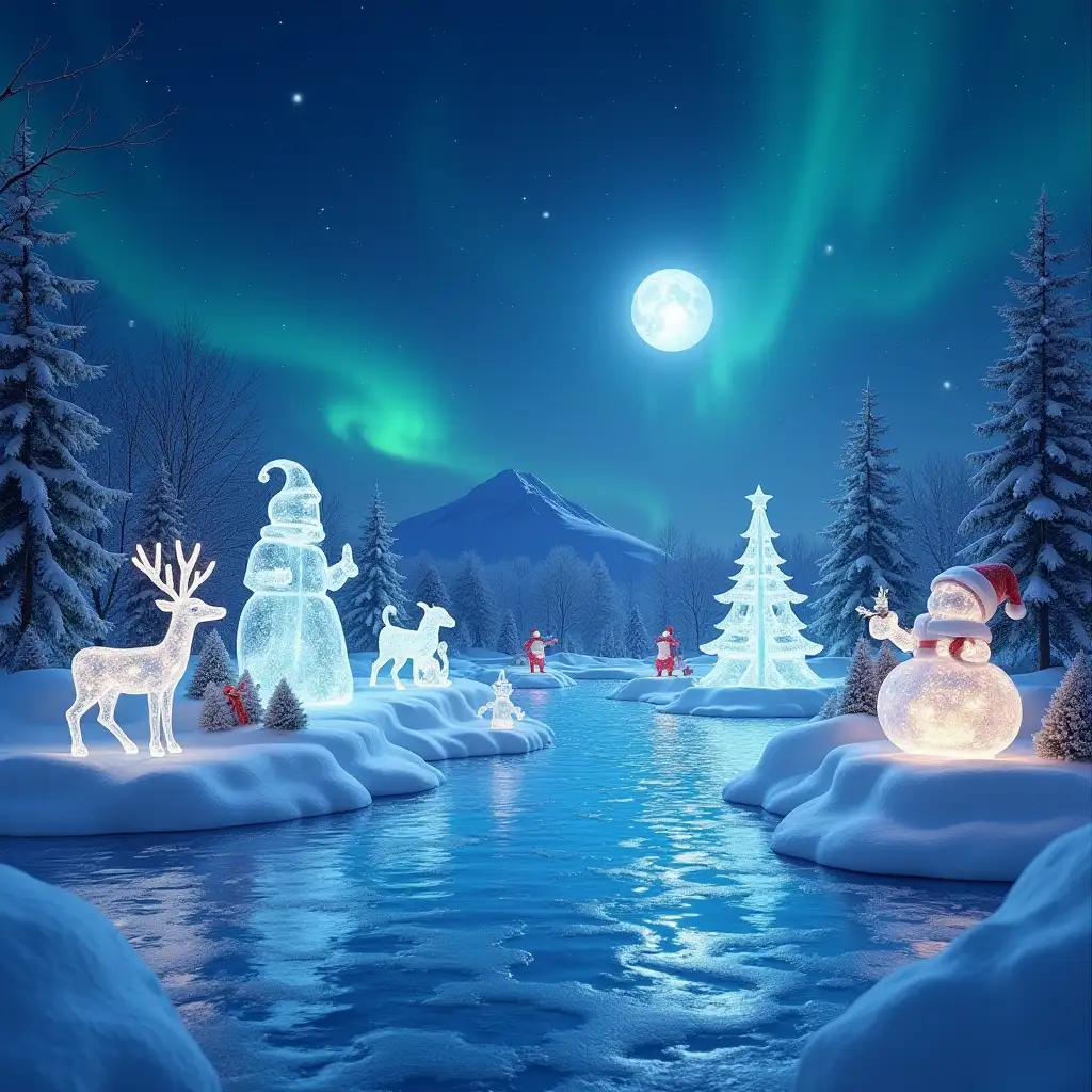 A serene and enchanting Christmas wonderland with crystal-like ice sculptures of Santa, reindeer, and snowmen that glimmer in the moonlight. Ice elves with glowing, frost-like wings prepare gifts while a sparkling aurora borealis dances in the sky. Include magical details like a frozen lake reflecting the holiday lights and snowflakes shaped like intricate Christmas symbols.