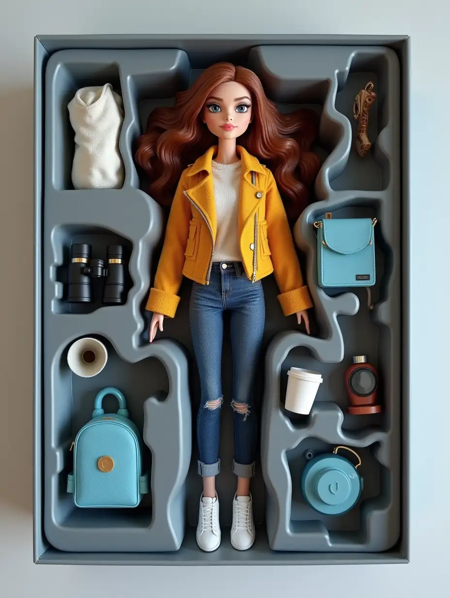 Create a collectible action figure of a human — like an expensive toy in packaging. Style: as realistic as possible, as for advertisement or storytelling (aspect ratio 9:16). Main features: It's a 3D doll in the style of Bratz, made of soft touch plastic. The character is full size, replicating the appearance and outfit from the first photo. Copy every detail: hairstyle, lips, eyes, facial features and proportions. Clothing - exactly as on the first photo with emphasis on style and textures. The doll lies in a plastic depression that matches its silhouette. Packaging: gray Style of the box is modern. Box: transparent plastic in front, cardboard back. The name of the character, Elena, should be written at the top of the box with letters embossed and engraved on the box. Accessories inside the box: Spread out next to the doll in their places in separate compartments: a blue bag, binoculars, a coffee cup. The accessories - as photo-realistic and detailed mini-versions as possible. Keyword(s): style, visuals and detailing - like a premium collectible toy