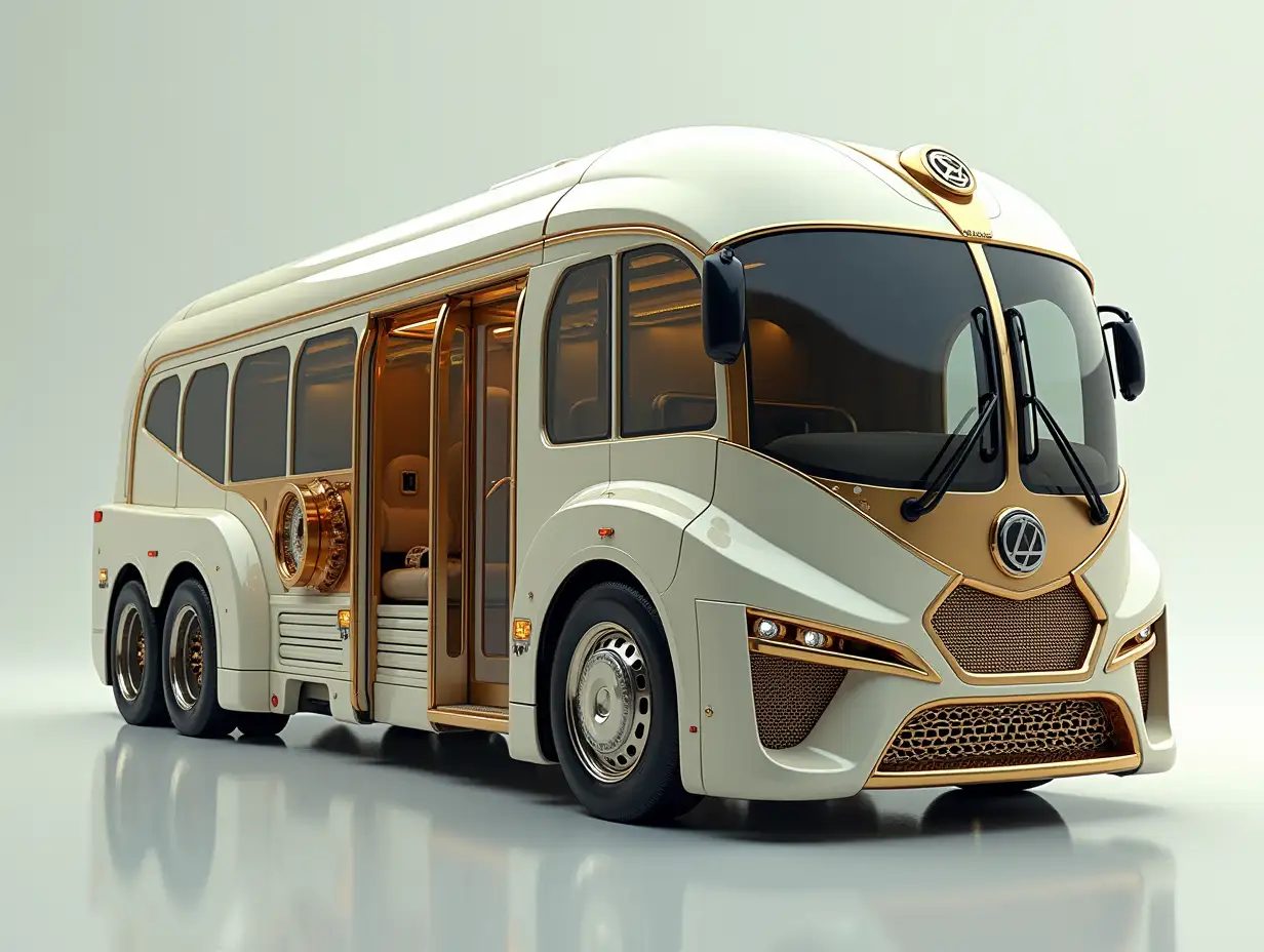 A super modern utopian sports bus with gears, lowered chassis, 18-inch rims, aluminum wheels, cream silver gold, Cyberpunk.