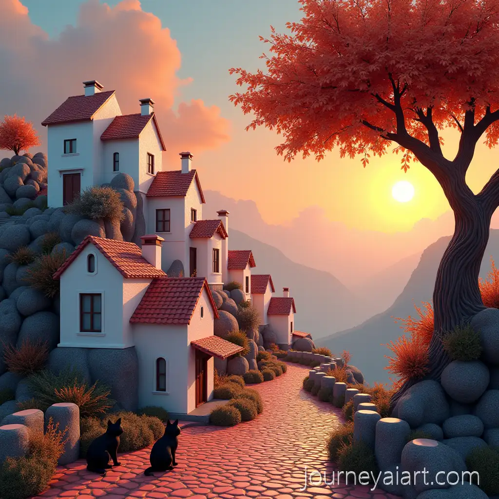 Dreamy-hillside-villageDreamy-Fantasy-Hillside-Village-at-Dusk-with-Cats-and-Volumetric-Fog