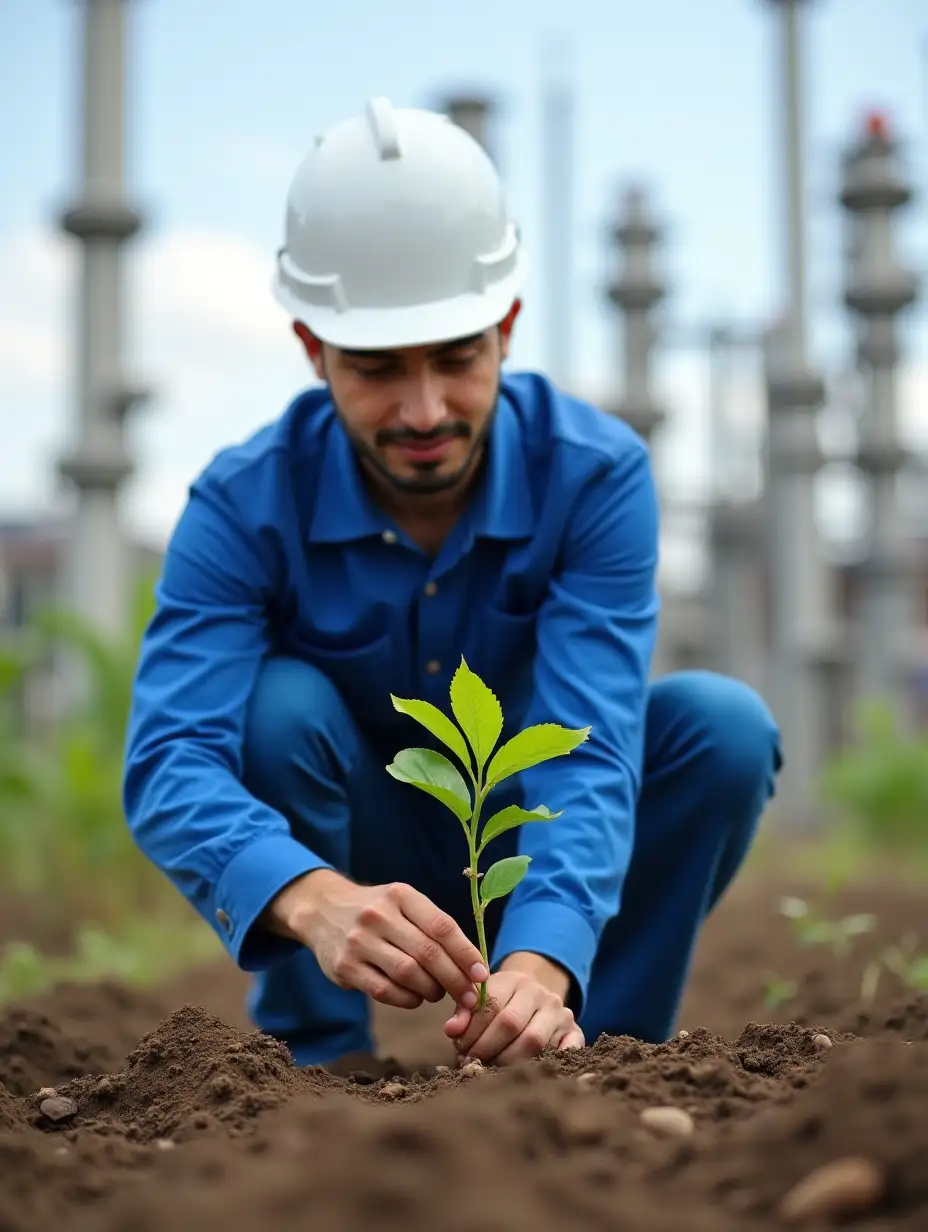 Young Iranian male petrochemical employee wearing blue suit and white hat planting tree seedlings in petrochemical plant and petrochemical background