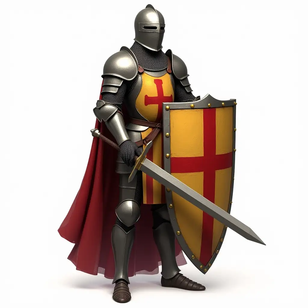 Create a realistic image of a medieval knight, standing while seen from feet to head, fully armored with a chain mail visible at the neck, wearing a helmet with a visor having several holes for visibility and ventilation. The knight should hold a sword in one hand and a shield in the other; on the shield there are red and yellow stripes of the same size that go from top to bottom with a tabard over the armor he has a cape flowing in the wind without background.