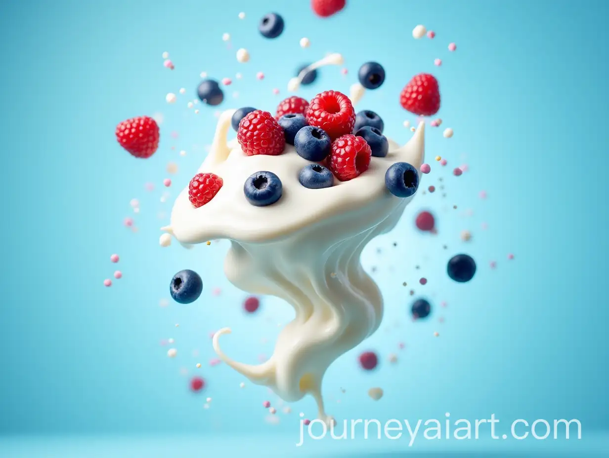 Explosion-of-Berries-and-Yogurt-in-Air-with-Blue-Background-for-Advertising