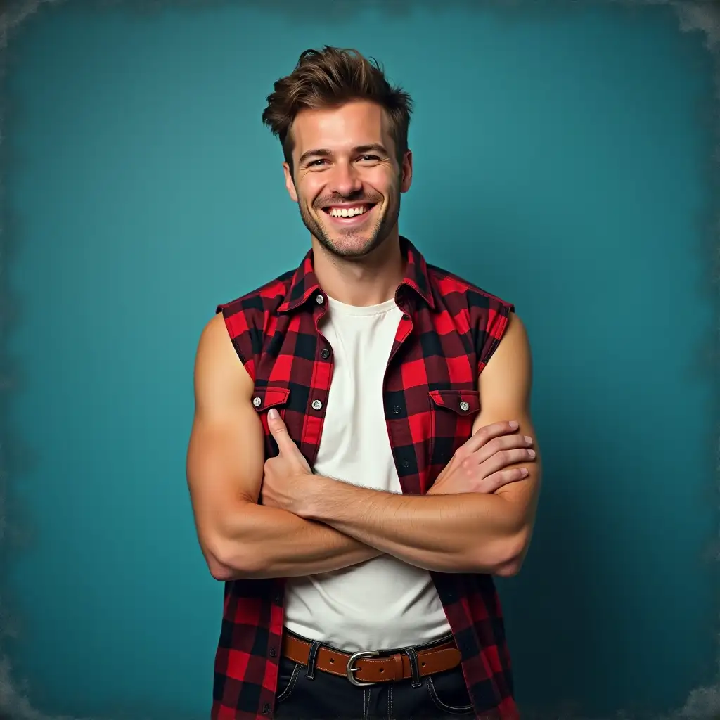 man with short brown hair and a bright smile is wearing a red and black plaid sleeveless shirt over a white t-shirt. He is wearing black jeans with a brown belt and is standing in front of a blue background. He has his arms crossed and is looking directly at the camera. The image is in a vintage style, with a slightly grainy