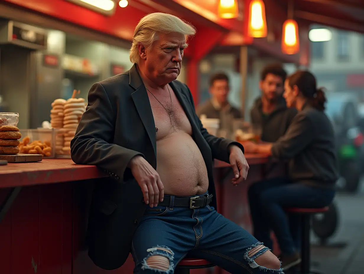 Create a high-resolution, realistic image of Donald Trump, emaciated with ripped pants at the food stand.