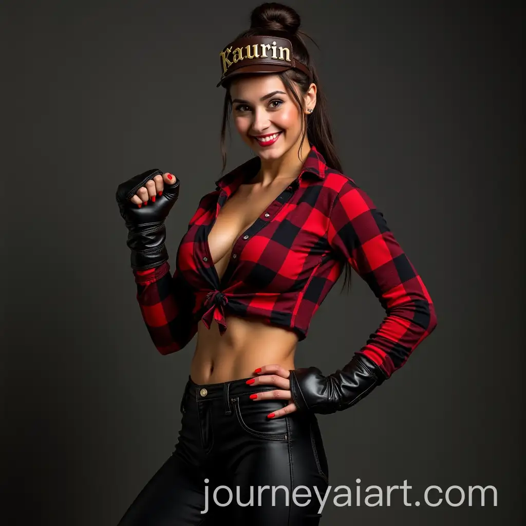 Brunette-Woman-in-Fighting-Pose-with-RedBlack-Checkered-Shirt-and-Leather-Accessories