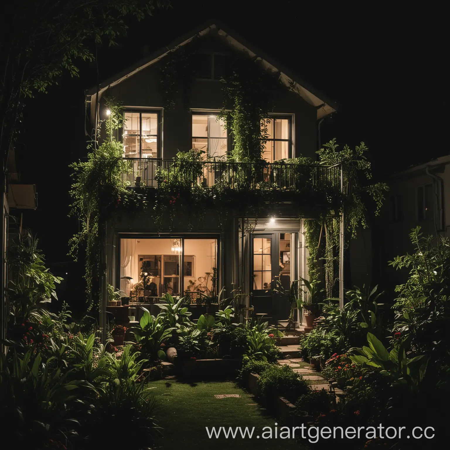 Small-New-House-Surrounded-by-Plants-at-Night