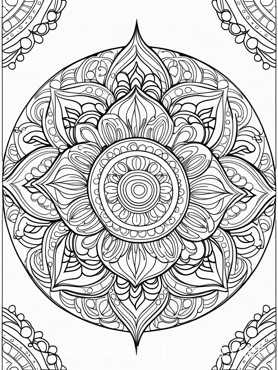 Mandala pattern, Coloring Page, black and white, line art, white background, Simplicity, Ample White Space. The background of the coloring page is plain white to make it easy for young children to color within the lines. The outlines of all the subjects are easy to distinguish, making it simple for kids to color without too much difficulty