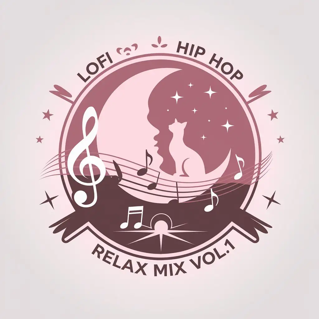 LOGO Design for LOFI HIP HOP CHILL RELAX MIX VOL1 Silhouette of Moon Cat Stars Musical Notes in Desaturated Pink White