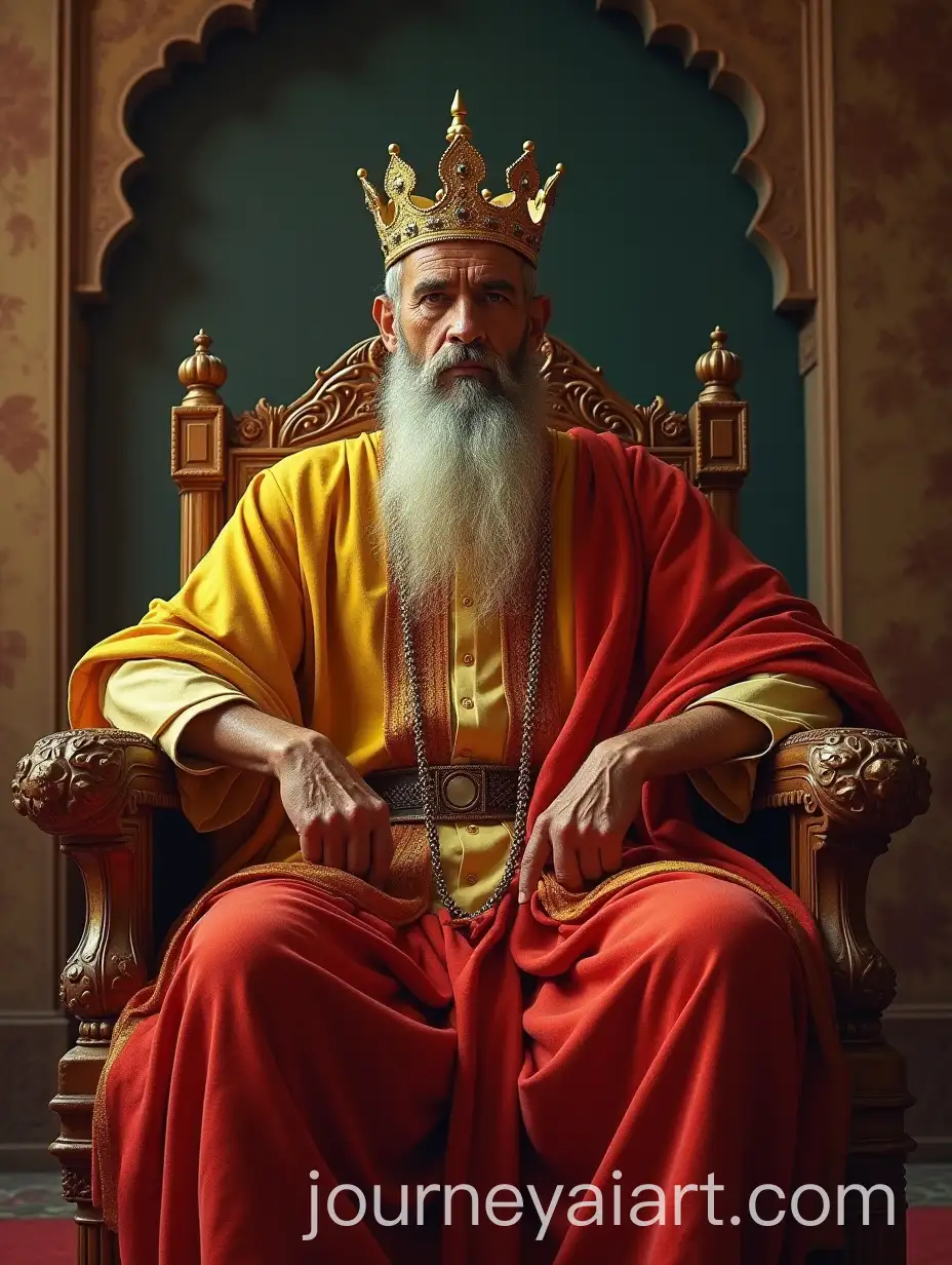 Mughal-Mahal-King-on-Throne-in-Royal-Red-and-Yellow-Attire