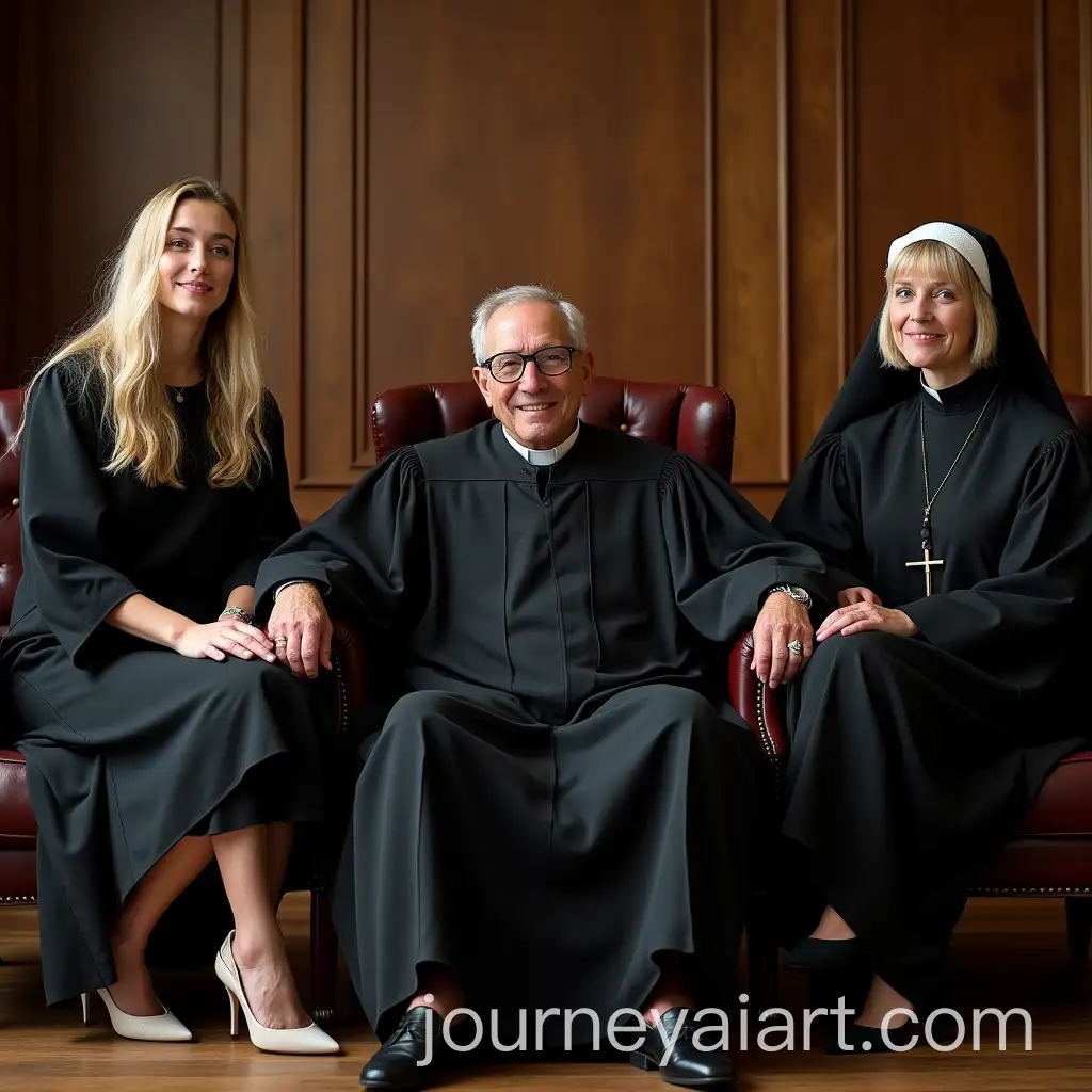 Judge-with-Two-Blonde-Women-in-Hippie-and-Catholic-Attire-Seated-on-Armrests