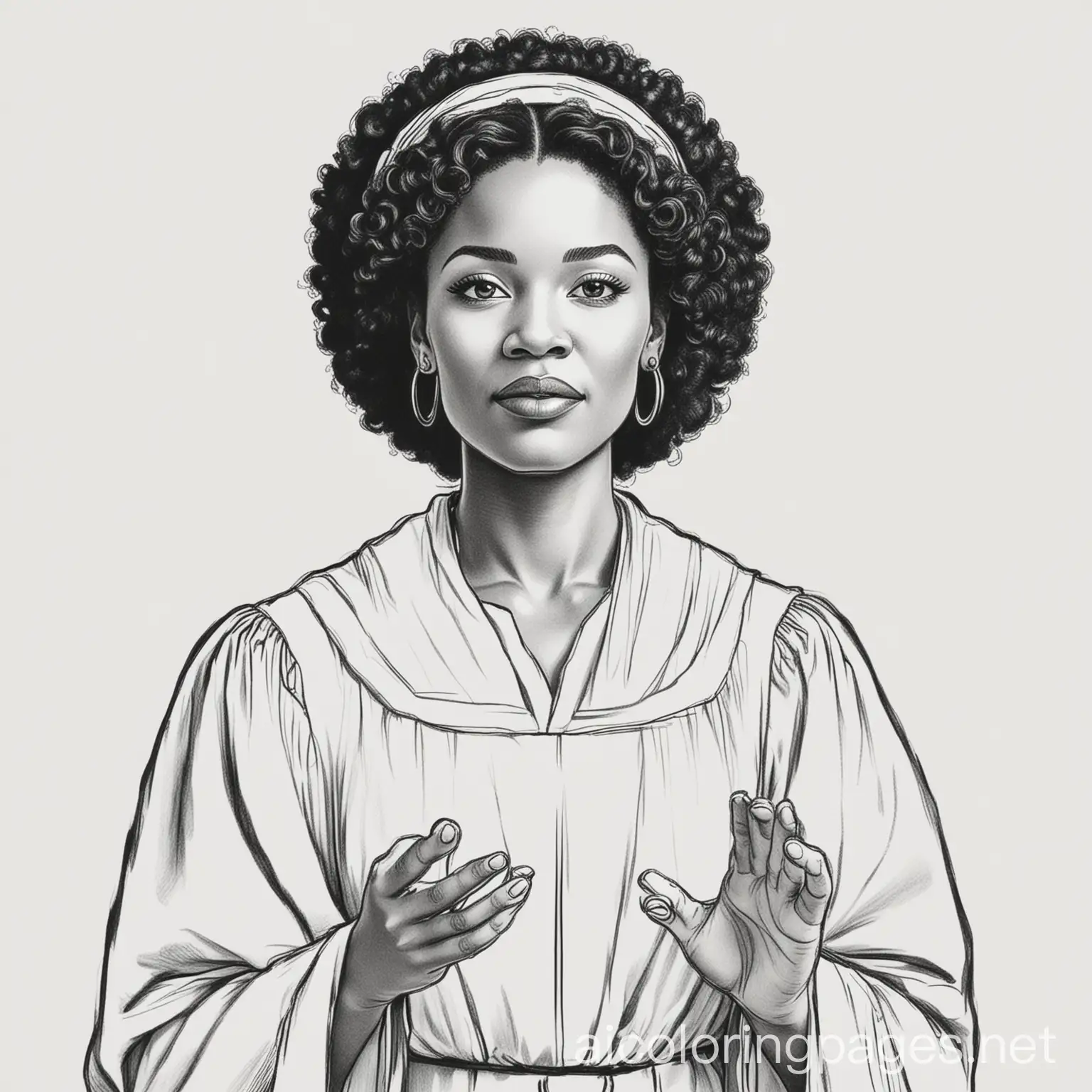 black preaching woman , Coloring Page, black and white, line art, white background, Simplicity, Ample White Space