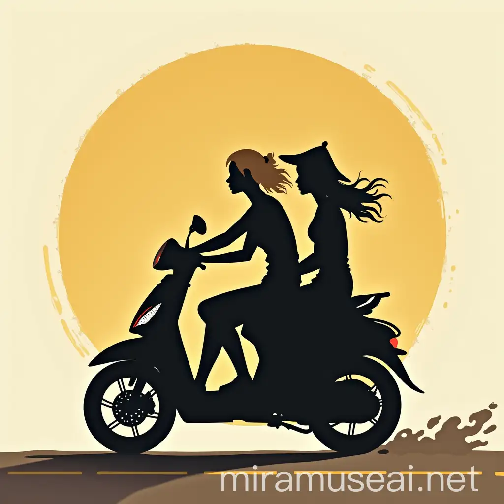 Girls on Motorbike Roadtrip Silhouettes Blond and Black Hair with Vietnamese Hat