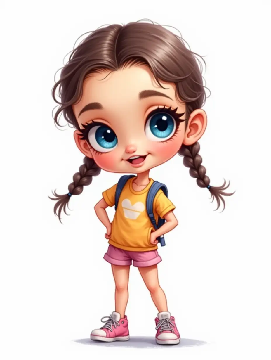 Cute caricature of a girl with big shiny blue eyes, braided hair, wearing bright sporty outfit, sneakers on. High detail, HD quality, white background, watercolor illustration.