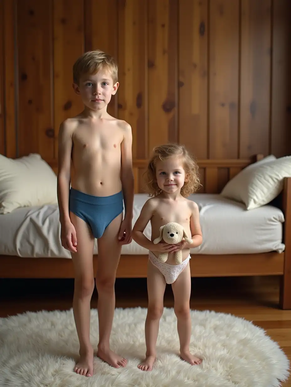 Young-Boy-and-Preschool-Girl-in-Swim-Trunks-Standing-on-Rug-with-Fluffy-Daybed-in-Background