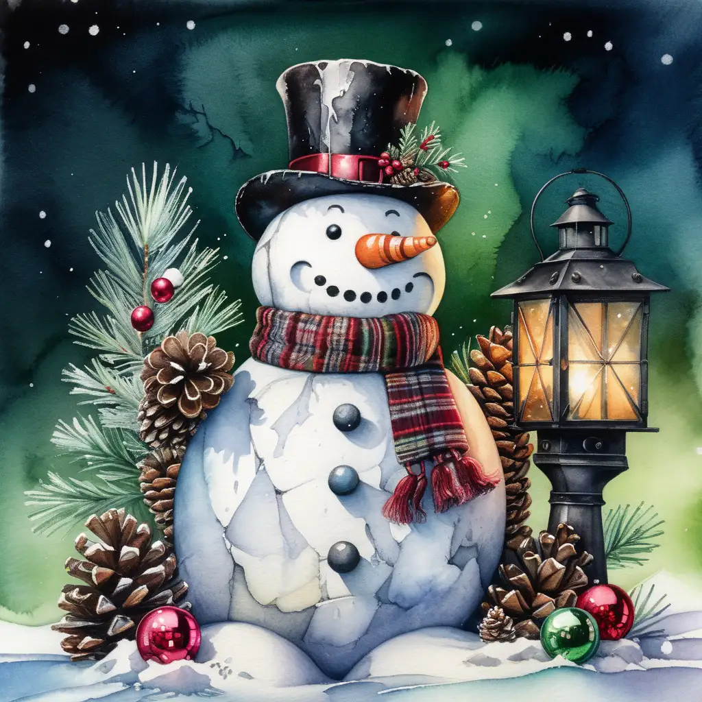 Festive Snowman with Vintage Lantern and Christmas Decor