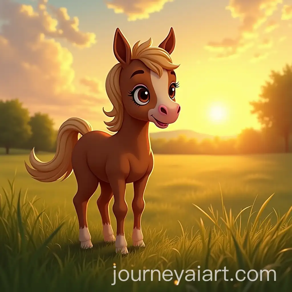 Young-Foal-Exploring-the-Glistening-Grass-at-Sunset