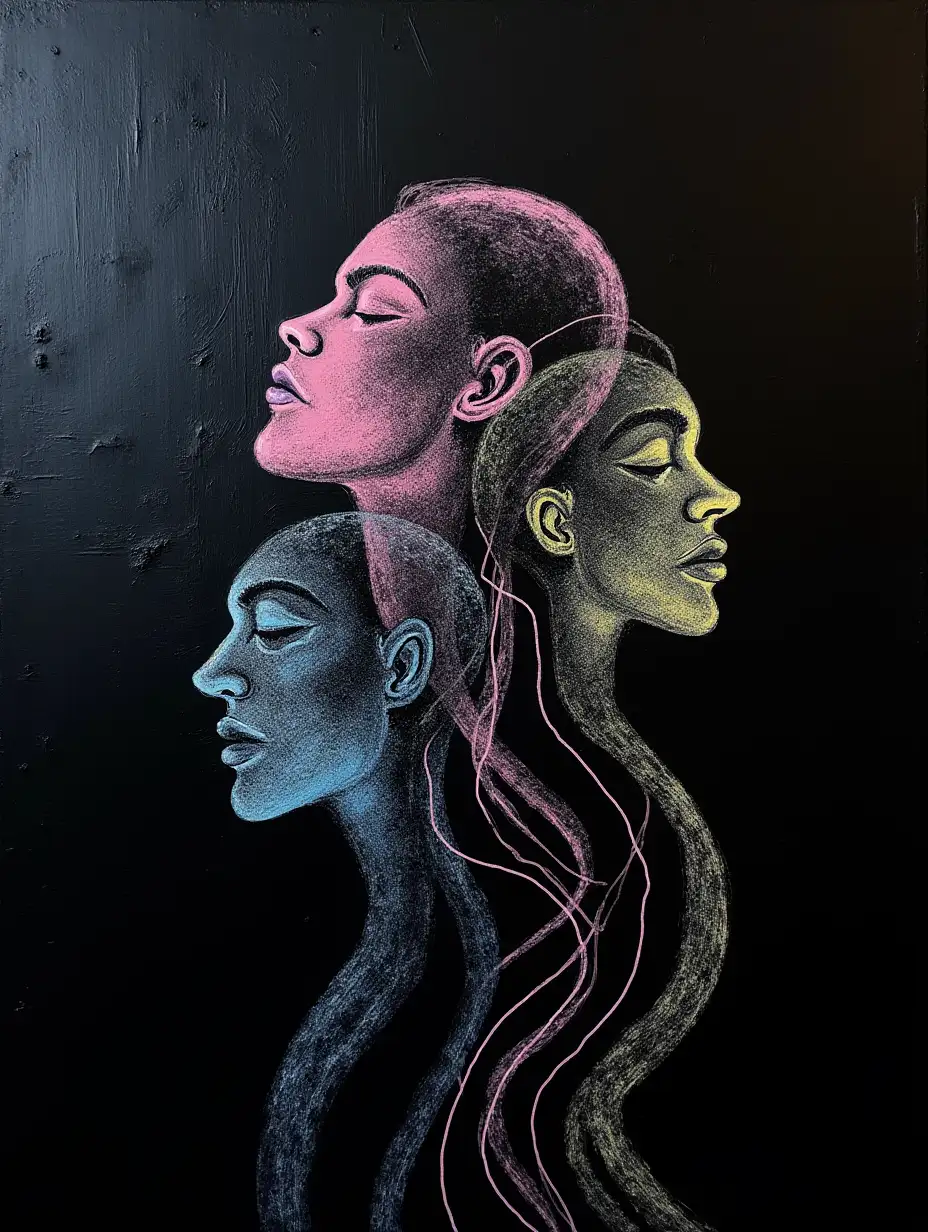 Create an abstract painting with a textured black background featuring expressive brushstrokes, overlaid with a continuous pastel line in soft pink, icy blue, and light yellow, forming abstract, interconnected human faces. The line should move seamlessly, creating surreal distortions and fluid expressions.