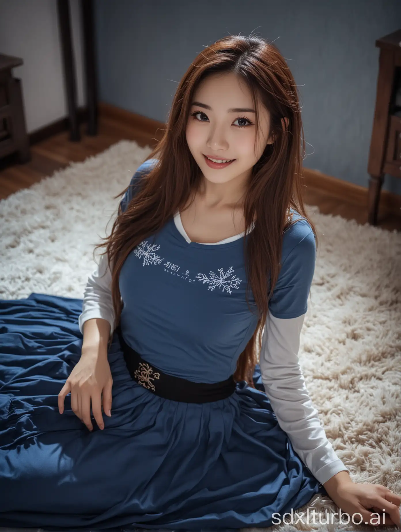 Chinese-Woman-in-Winter-Night-Attire-Lying-in-Room-with-Sweet-Smile-and-Long-Hair