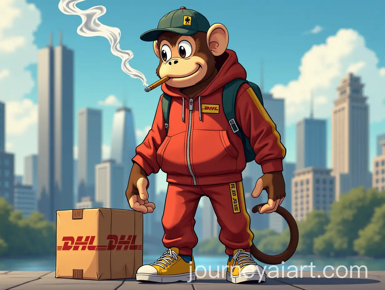 Anime-Character-Monkey-D-Ruffy-in-Jogging-Suit-with-DHL-Packages-in-Front-of-Frankfurt-Skyline