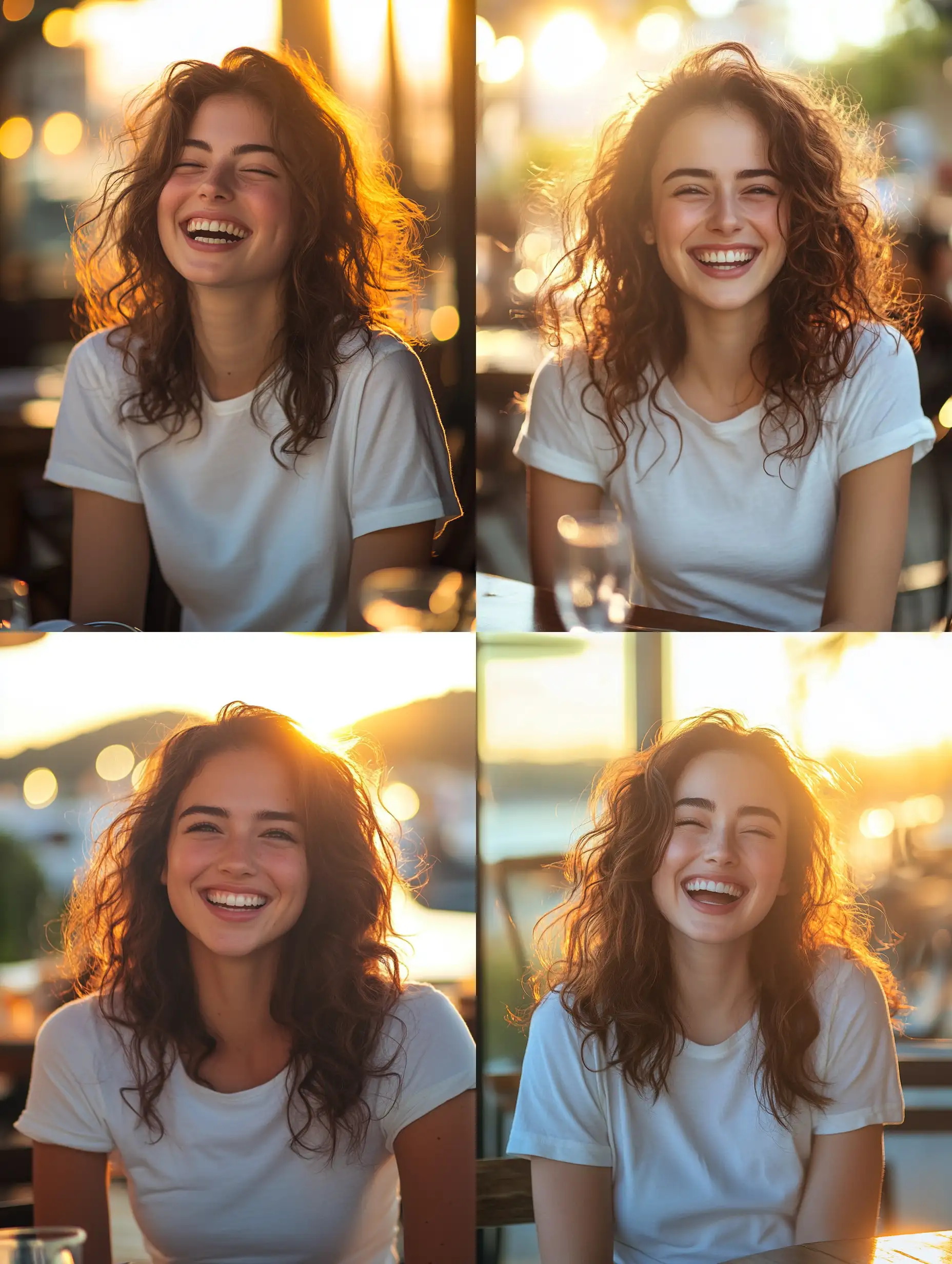 Joyful-Woman-Laughing-at-Sunset-Outdoor-Restaurant-Table