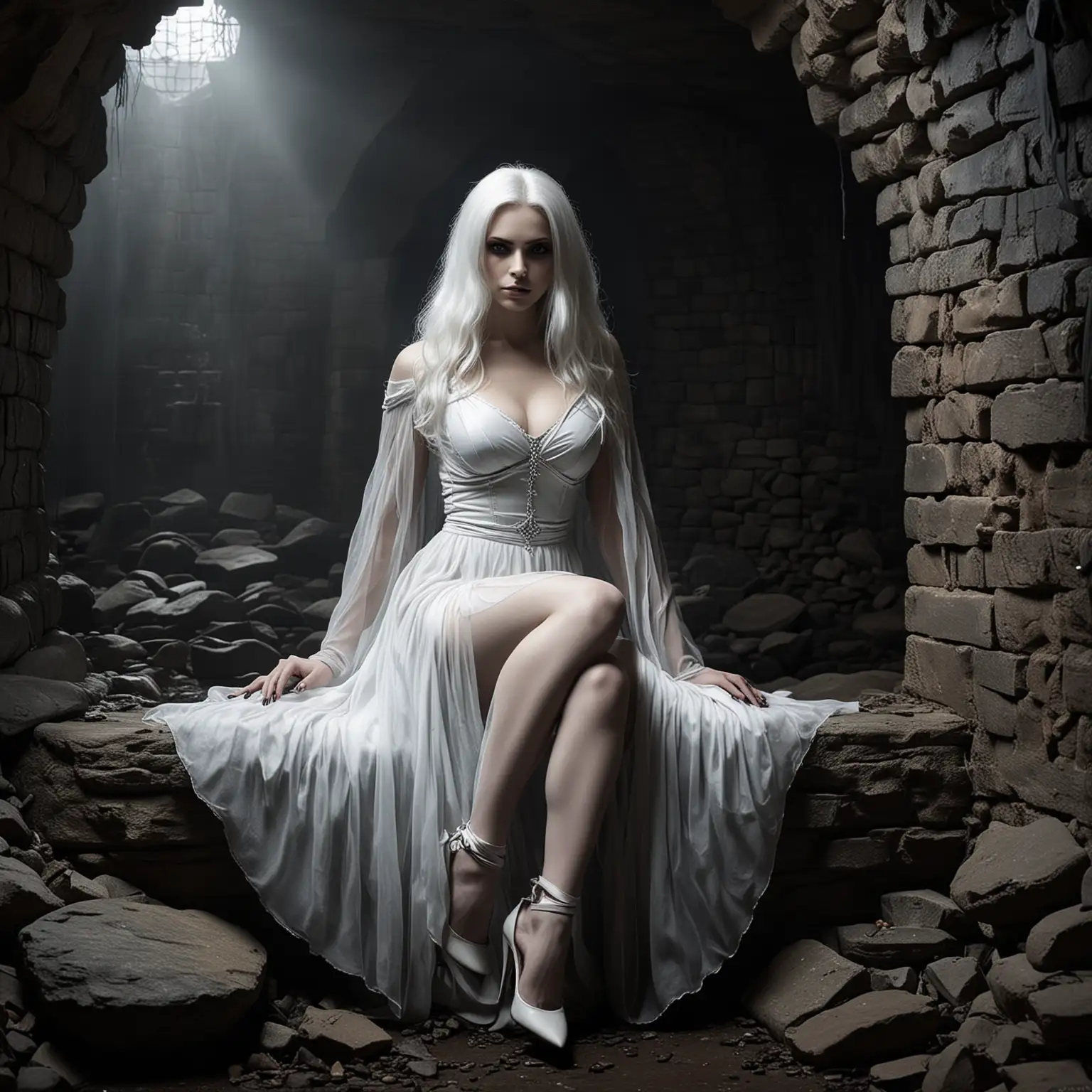 A 8K UHD full body photo of a busty spectral female ghost, sitting on a rock gracefully in the dimly lit alcove of a dungeon.  The ghost dons a silky, translucent, tight form-fitting dress, sheer glossy white collant stockings, and shiny white leather high-heel pumps, which accentuates her curves and toned legs. Her long, flowing silver-white hair flows elegantly, framing her sinister visage.  Her piercing red eyes pierce the darkness, revealing sharp teeth in a chilling grin. Her nails are long and sharp. The ethereal beauty of the femdom ghost is undeniable, yet her ghostly presence exudes an unsettling, otherworldly aura.  The dungeon's dark brick walls provide a haunting backdrop, with the ominous landscape visible behind her.  The interplay of light and shadows accentuates her allure and terror, creating a captivating and suspenseful atmosphere that is both  enchanting and unnerving, dark fantasy. The atmosphere is eerie, with a misty ambiance and the play of shadows and light creating an almost supernatural aura.