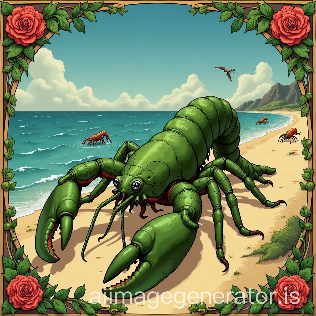 ArtAI-Image-Prompt-Expansion-Nouveau-LobsterInspired-Creature-by-the-Ocean-with-Sandy-Beach