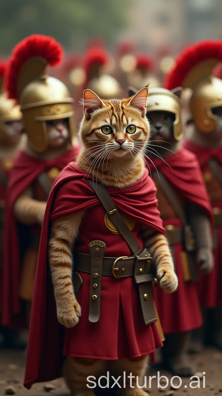 a group of cats dressed as Roman soldiers, ready for battle