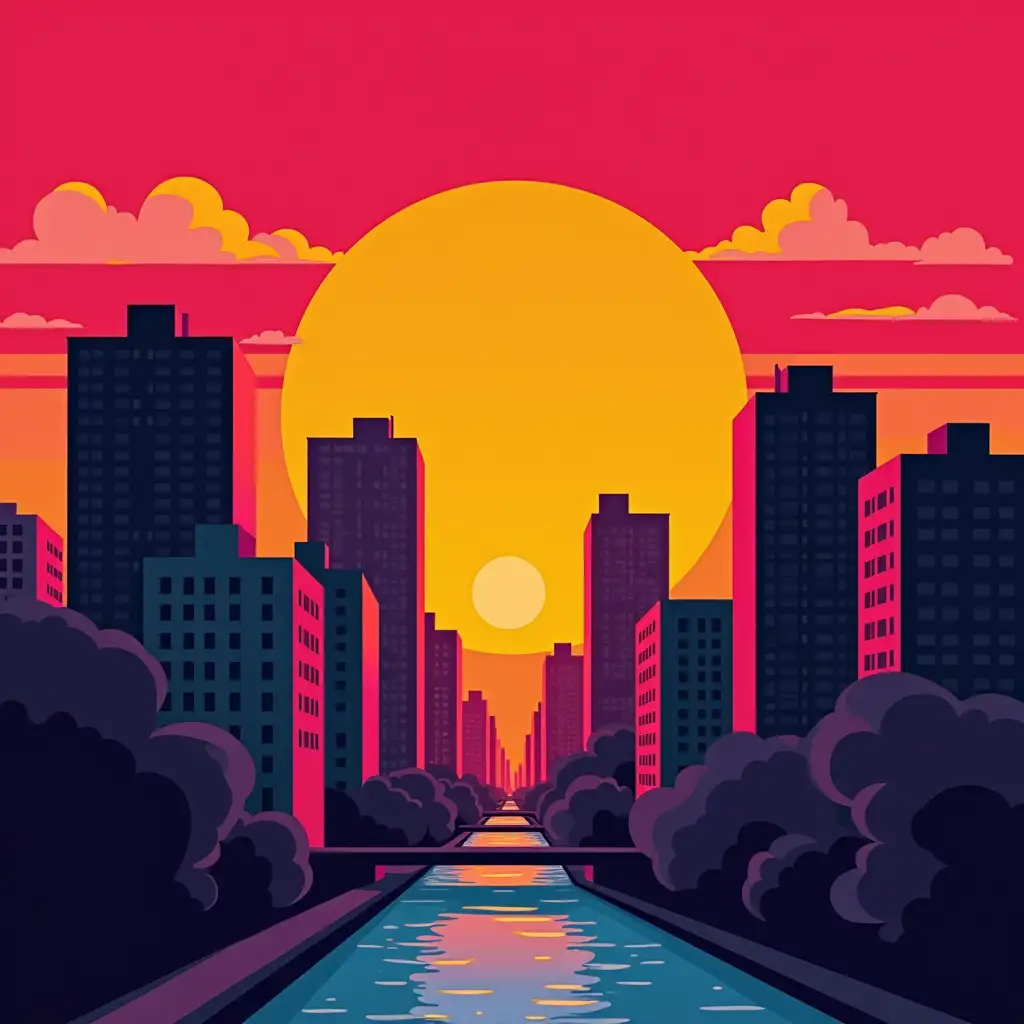 A pop art cityscape at sunset, bold geometric buildings, vibrant orange and purple sky, flat perspective, Roy Lichtenstein style