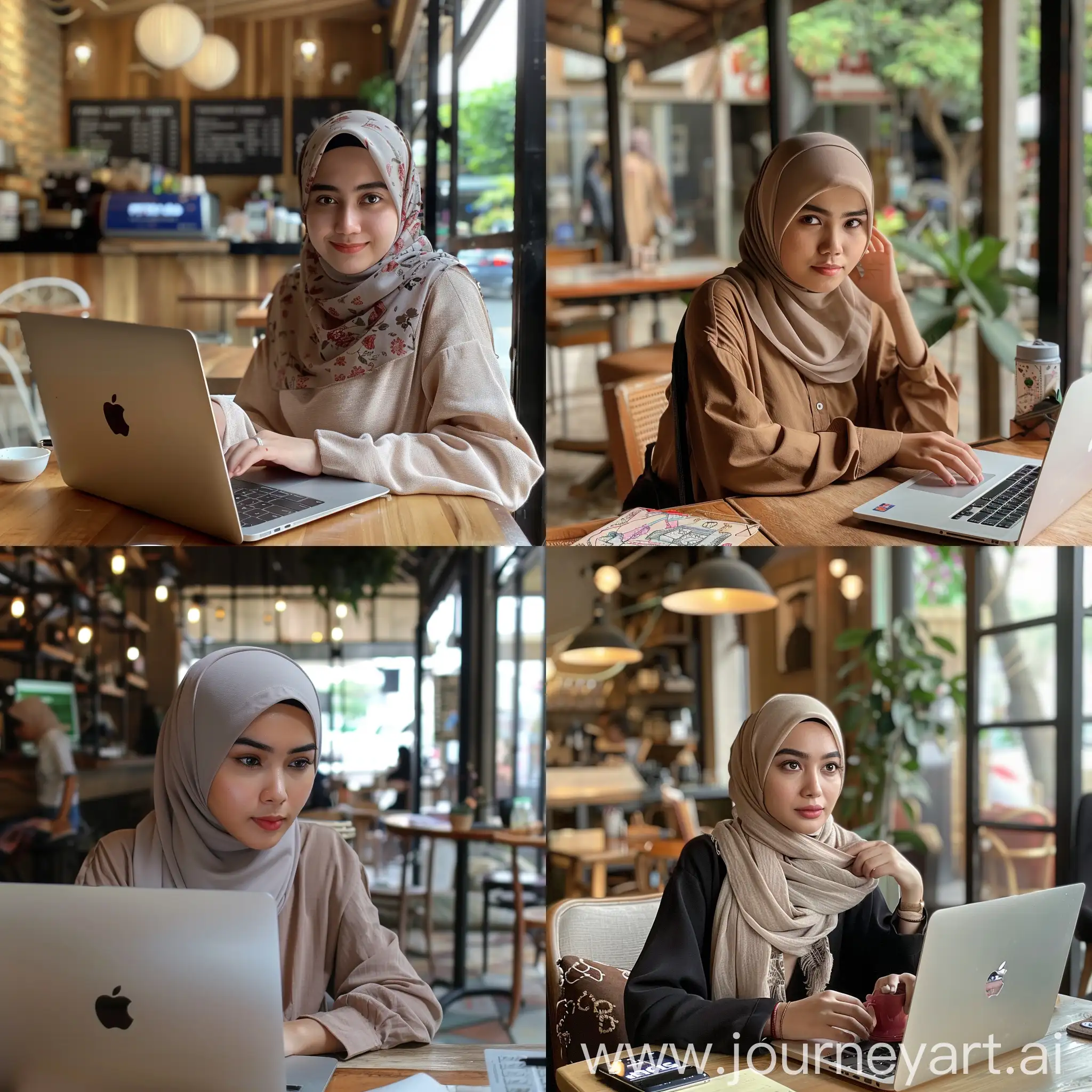 Young-Indonesian-Woman-in-Hijab-Working-on-Laptop-at-Cafe