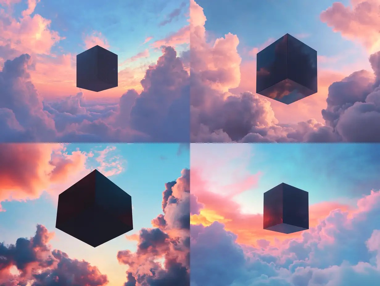Minimalist-Sky-at-Sunset-with-Floating-Dark-Cube-and-Fluffy-Clouds