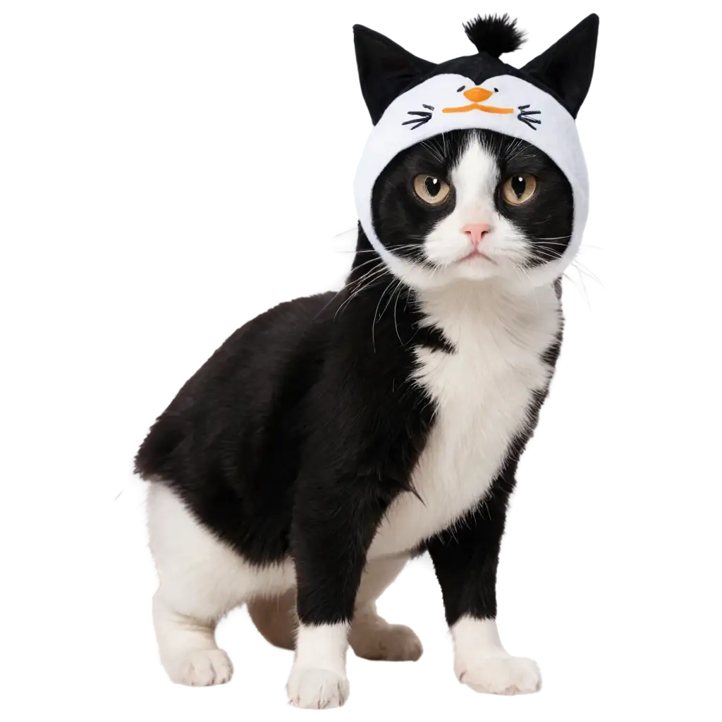 black and white cat dressed in a penguin costume