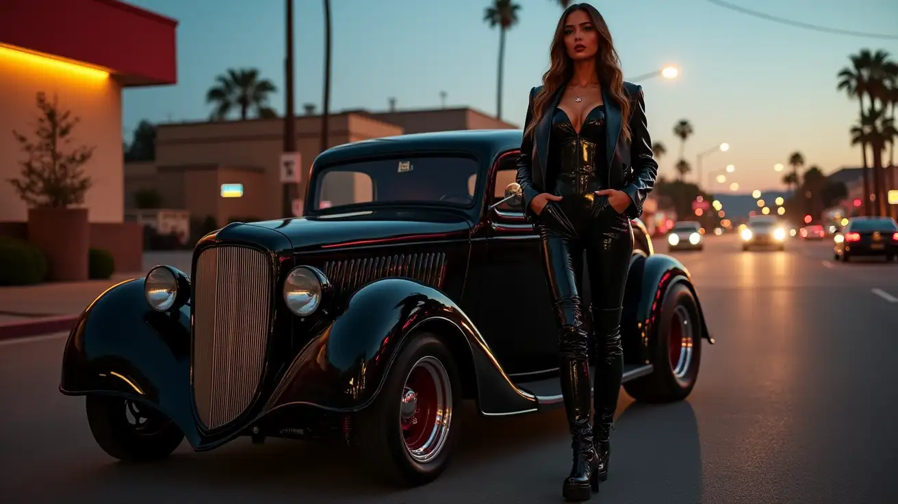 Woman-in-Shiny-PVC-Jumpsuit-Standing-Next-to-Rat-Rod-on-Californian-Street-at-Dusk