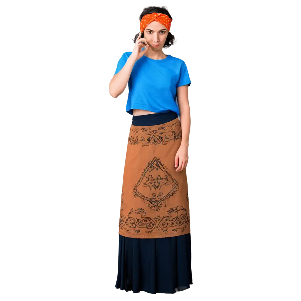 Vibrant-PNG-Image-of-a-Woman-in-Blue-Shirt-Black-Long-Skirt-and-Orange-Bandana