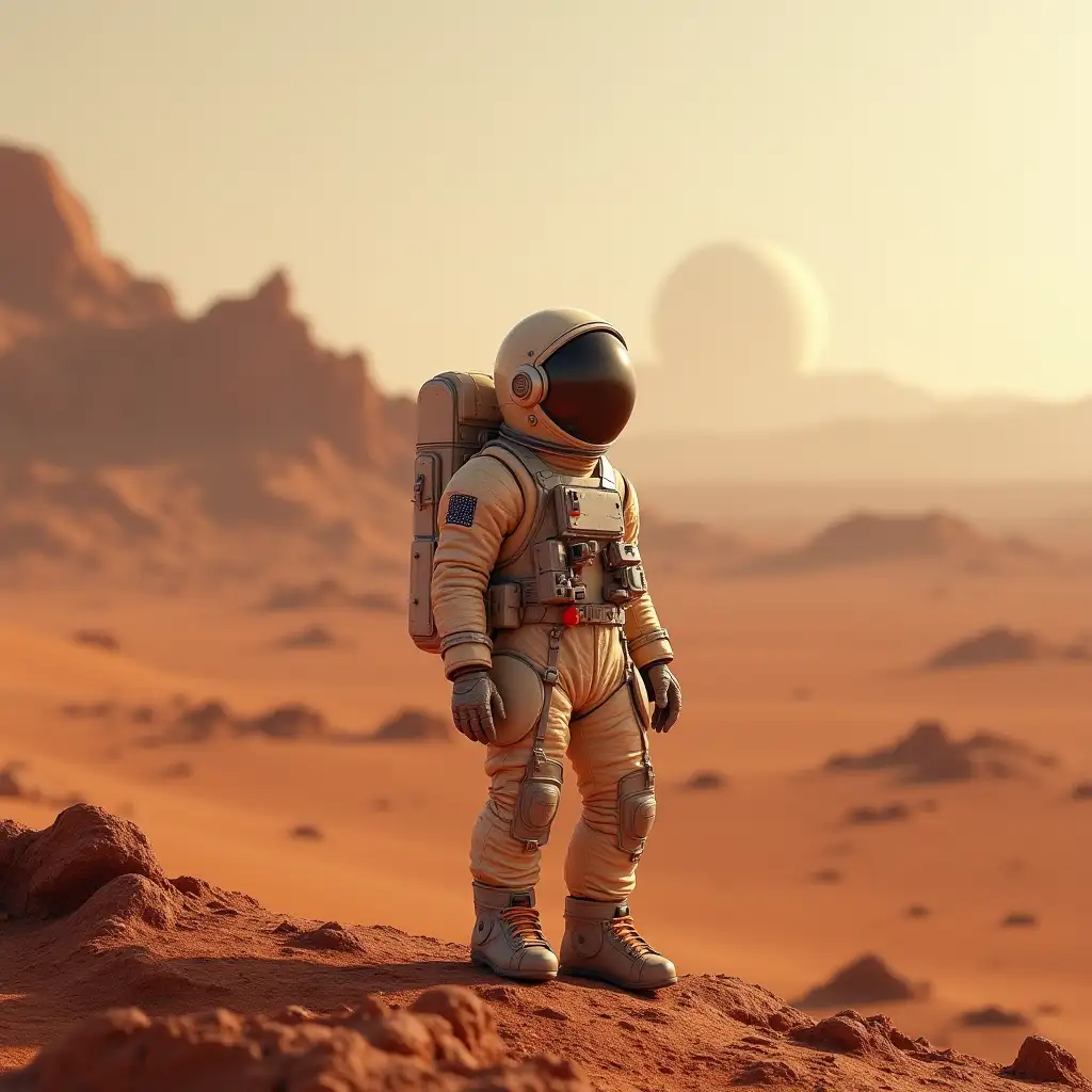 a character in a space suit on mars looking at the landscape, photorealistic