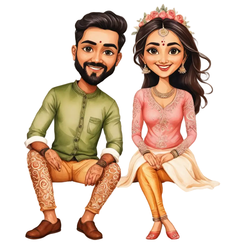 Indian-Couple-Mehendi-Ceremony-Caricature-PNG-A-Unique-and-Vibrant-Art-Representation