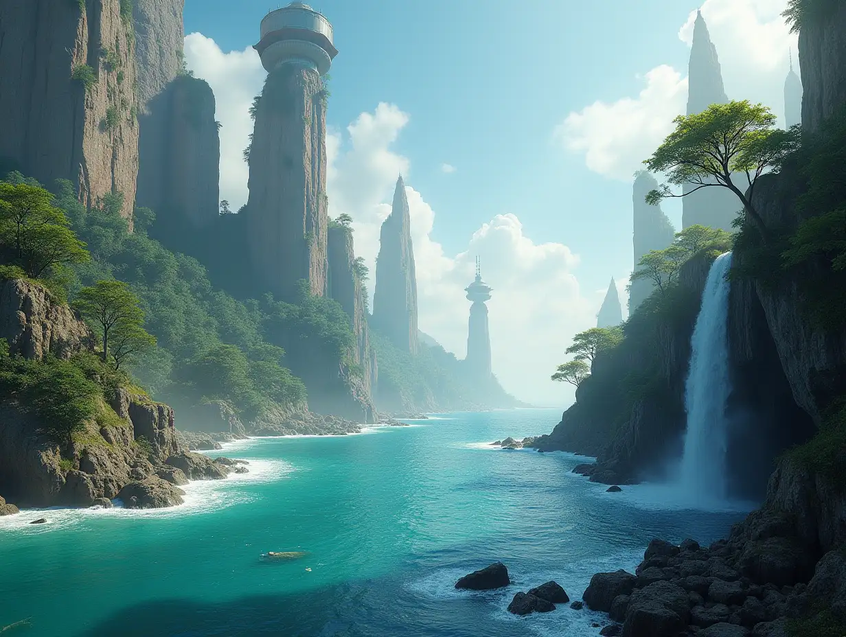 Create for me a photorealistic image of Paradise on another planet with towers, sea and waterfalls