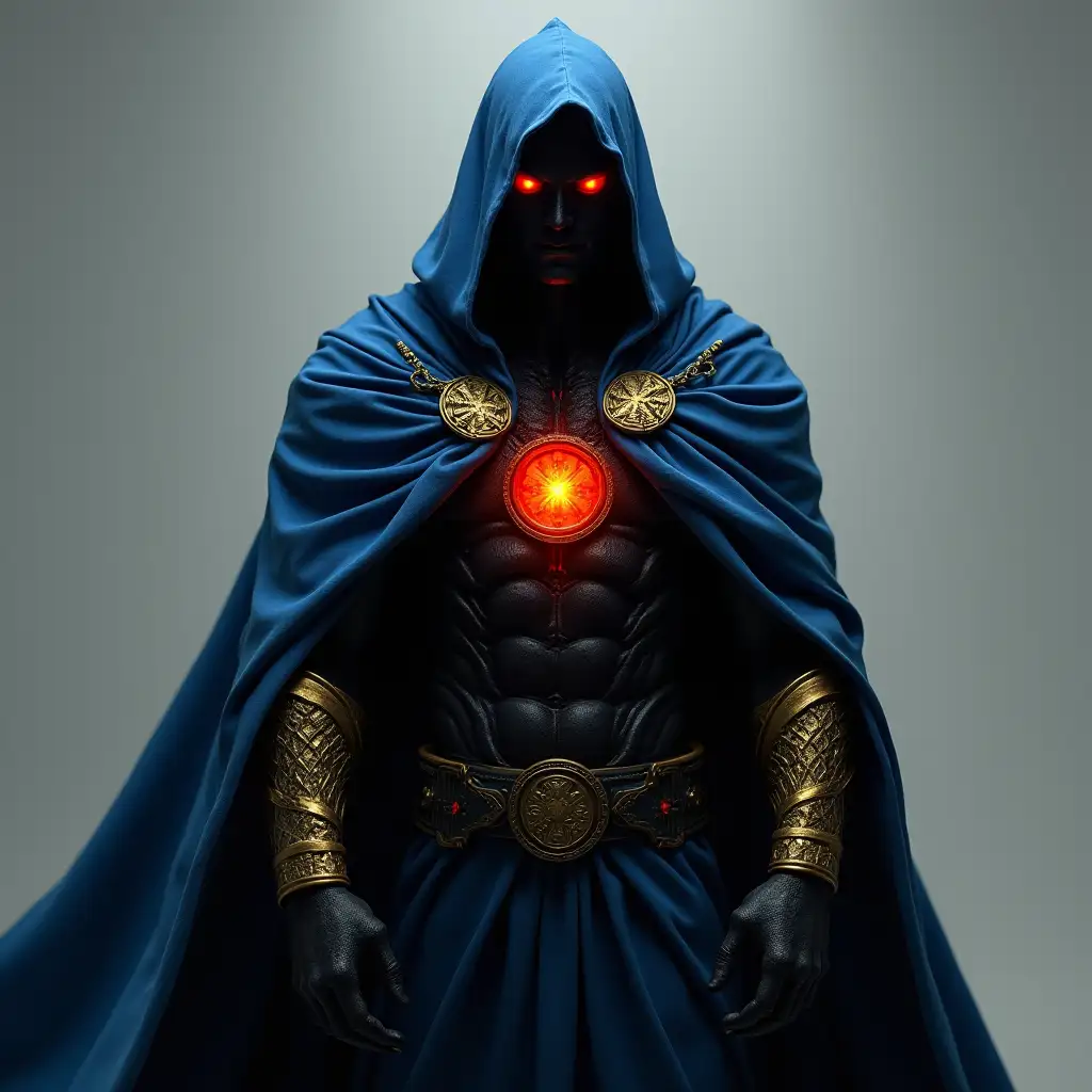 a completely black humanoid creature in a blue cloak and with red eyes and a red yellow core in its chest and golden shields on its hands