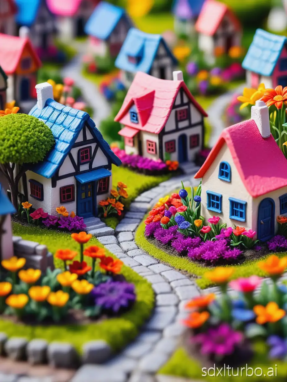 Macro shot of a miniature village located in the middle of a flower. All in bright colors.