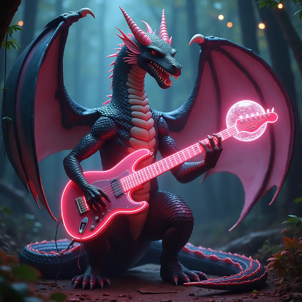 ultra-detailed hyperrealistic portrait A dragon with an electro guitar who is very beautiful and comes from the forest and The area around it is a disco with glowing ball