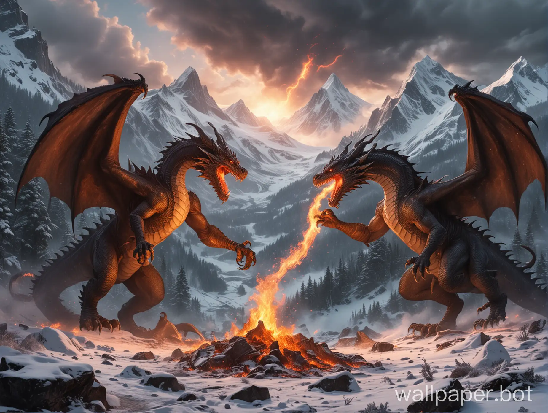 Two dragons are fighting at the base of a mountain. The dragon fire illuminates the foreground while the snow-capped peak of the mountain and forest fill the background