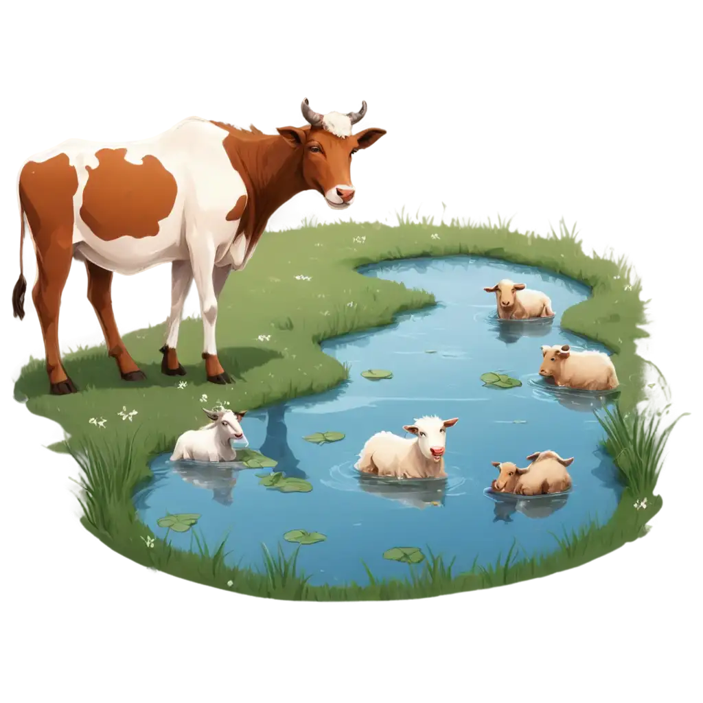 cow, sheep, goat drinking water in a pond in cartoon