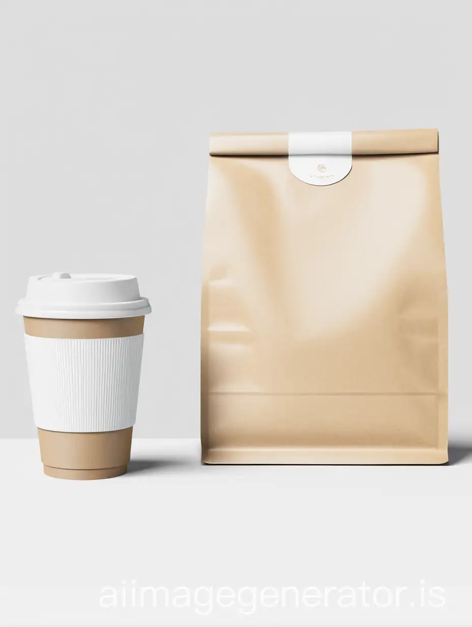 3D rendering, A light beige cardboard coffee cup with a white lid and liner, positioned on the left side of the image. A similar-colored cardboard bag with a white label is placed to the right.  The objects are in front of a plain, light gray background.  The lighting is even and neutral, casting no significant shadows. The perspective is directly from above, showing the top and sides of the objects. Simple, clean design, neutral tones and muted colors. The composition is symmetrical, with the objects balanced to suggest a product presentation. There are no visible text, logos, or patterns on either item.  The focus is entirely on the form and texture of the materials.