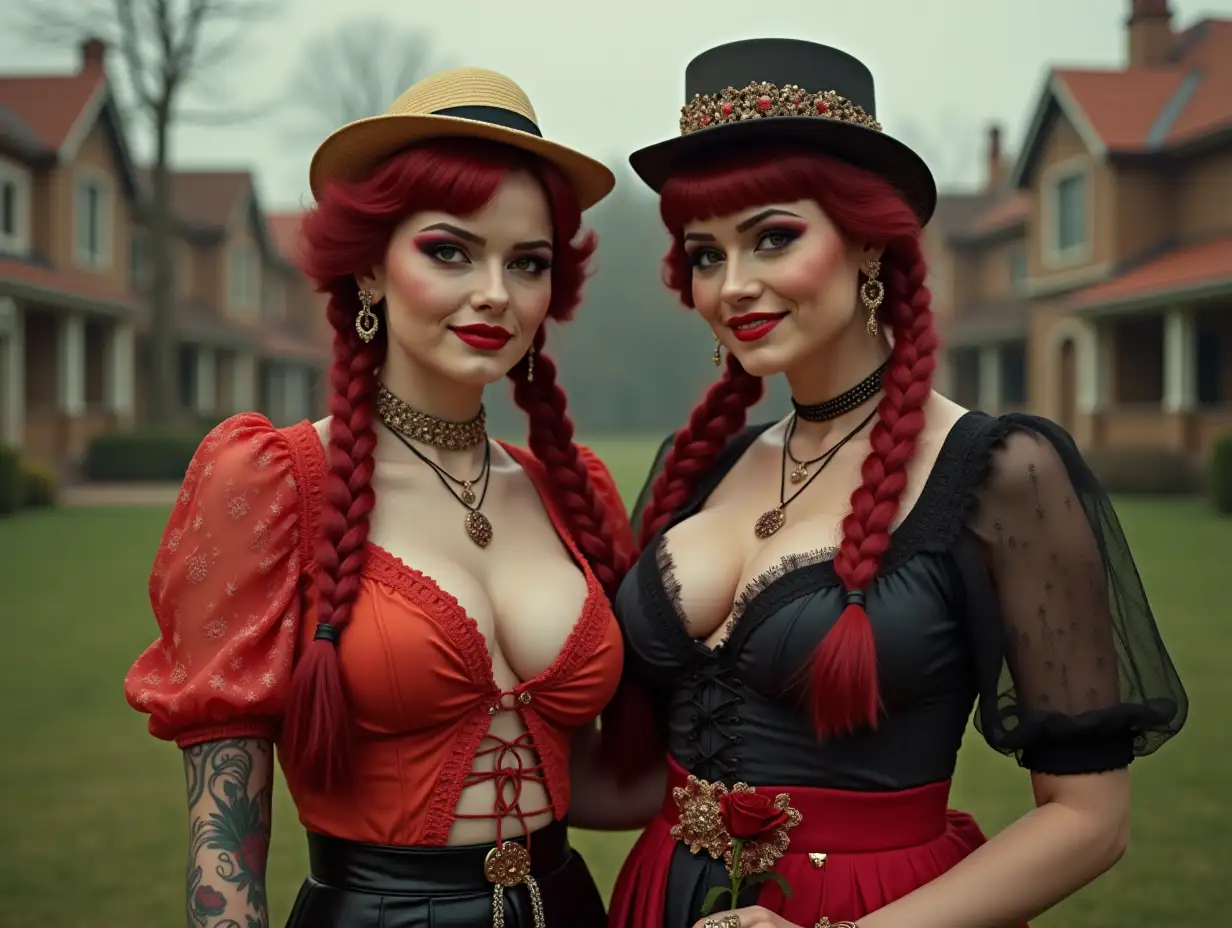 Two white, plump pin-up girls aged 70 red braids wear a low-cut blouse mixed red and black, with a light smile on their faces, tattoos, golden top hat, red lipstick highlights their smiles, modern jewelry, black skin, and a carnation in hand, in a park with many houses in India Cyberpunk 8k quality