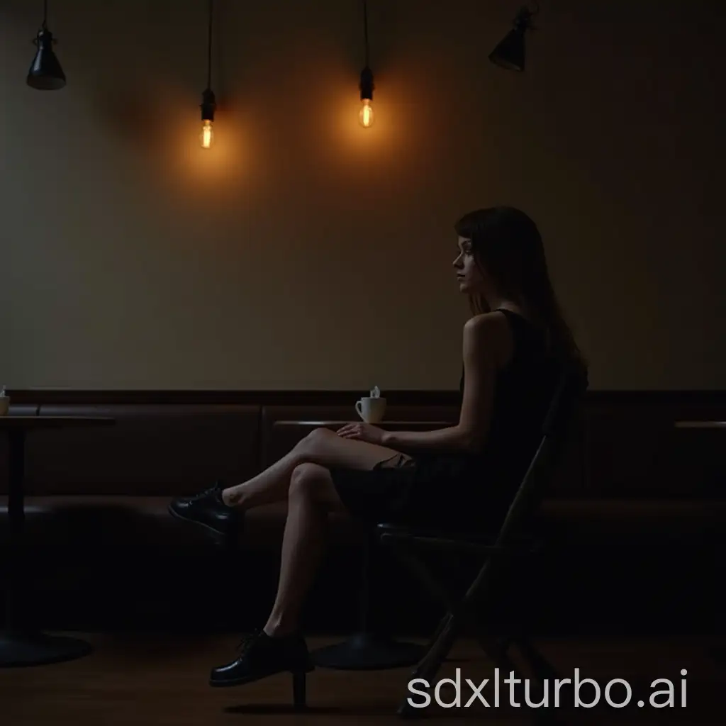 Girl-Sitting-on-Black-Chair-in-Coffee-Shop-with-Dark-Lighting